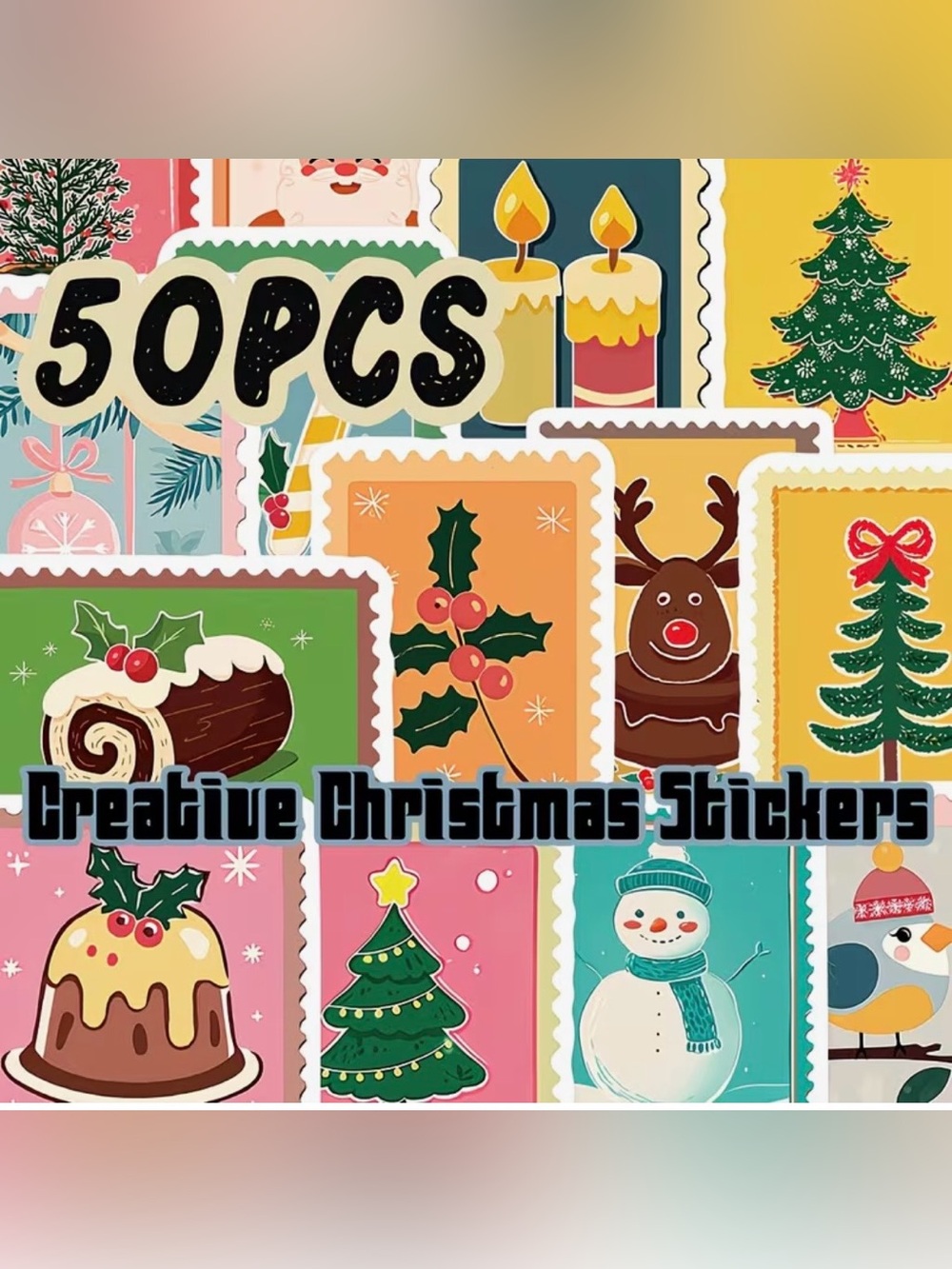 50 Christmas Iridescent Stickers Stamp Style Trees Reindeer Gingerbread Snowman - Picture 11 of 16